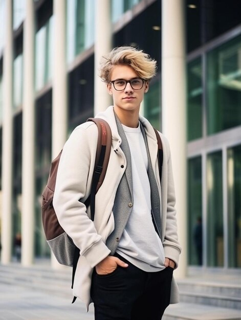 jonge moderne hipster kerel in het nieuwe gebouw van de universiteit blonde fashio