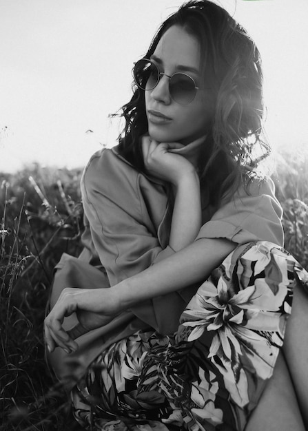 Jonge moderne vrouw zittend in een veld, zonnebril dragen