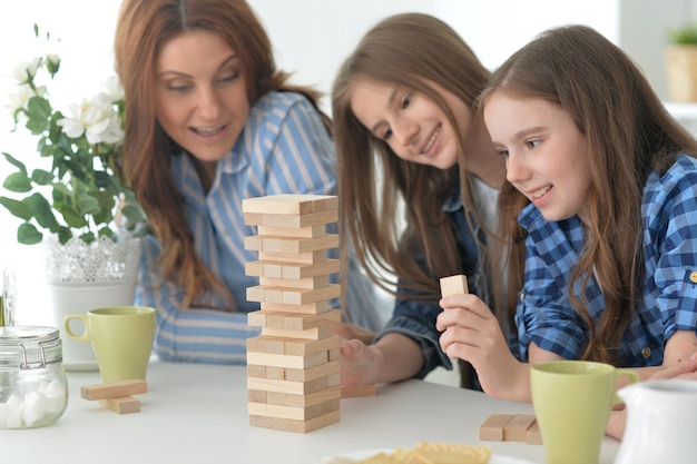 Jonge moeder en haar dochters spelen met houten blokken