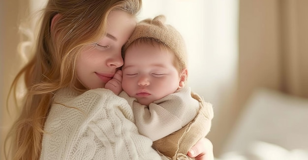 Jonge moeder houdt haar slapende pasgeboren baby in een tedere omhelzing bij zacht natuurlijk licht