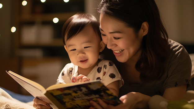 Jonge moeder leest een boek voor aan haar zoon in bed voordat hij gaat slapen Gemaakt met generatieve AI-technologie