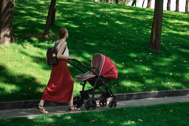 Jonge moeder met kinderwagen in het park De moeder duwt de kinderwagen met haar baby Buiten lopen