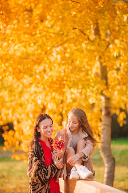 Jonge moeder met schattig klein meisje in herfst park op zonnige dag. Familie geniet van warm weer op de dag van september