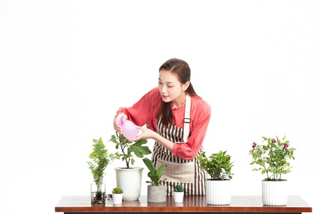 Jonge moeder plantte een kleine boom in een pot