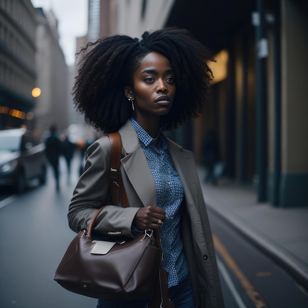 jonge mooie afro-amerikaanse vrouw met afro-kapsel in de stad