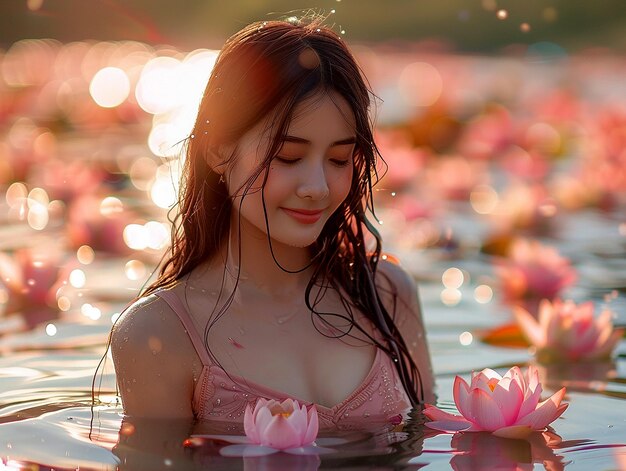 Jonge mooie Aziatische vrouw badt in een meer.