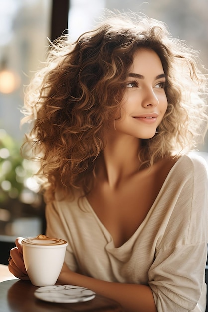 Jonge mooie blanke vrouw met krullend haar geniet van cappuccino in een café Generatieve AI