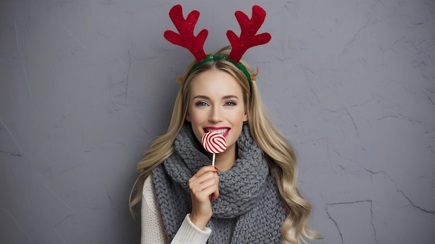 Jonge mooie blonde vrouw met een grote gebreide sjaal en kerst rendier gewei glimlachend eati