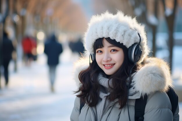 Jonge mooie Chinese vrouw buiten in winterkleding.