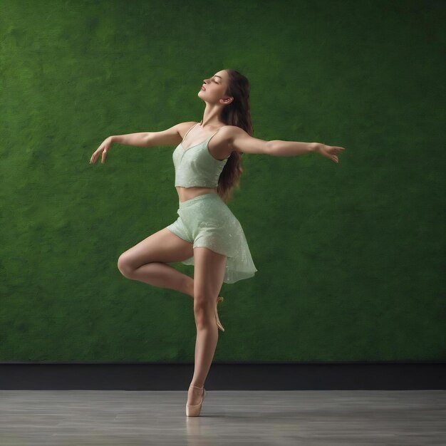 Jonge mooie danseres poseert op de groene muur.