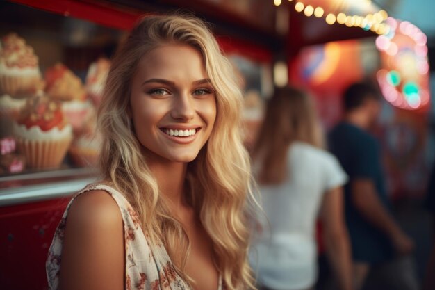 Jonge mooie glimlachende blonde vrouw in witte bloemenjurk naast de voedseltruck op het festival