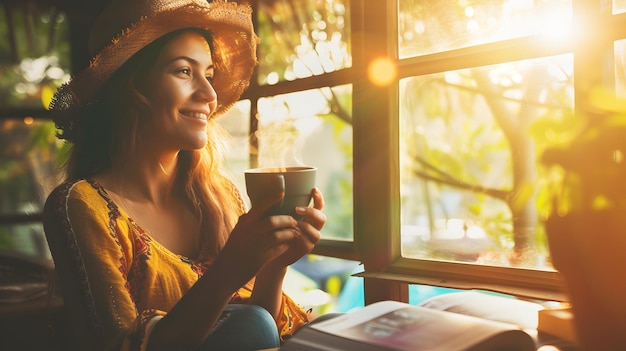 Jonge mooie glimlachende vrouw drinkt koffie en kijkt uit het raam in de ochtend