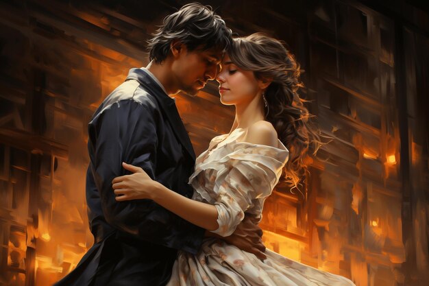 Jonge mooie knappe en verliefde jongen en meisje dansen een wals romantische foto amoureuse look koppel verbinding