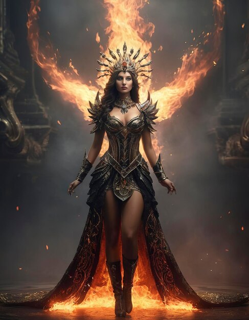 jonge mooie koningin van het vuur die op de grond staat in spiraalvormige vlammen mist achtergrond