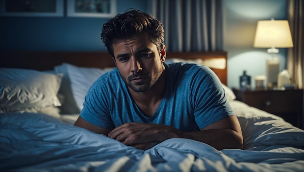 Foto jonge, mooie man met dik haar die moeite heeft met slapen in bed bij weinig licht in de kamer