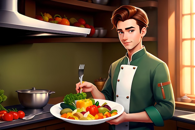 Jonge mooie mannenchef-kok die een kom groenten AI houdt