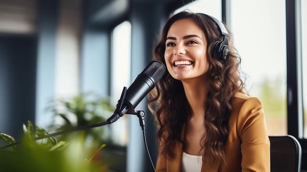 Jonge mooie Spaanse vrouwelijke muzikant die liedjes componeert in de muziekstudio.