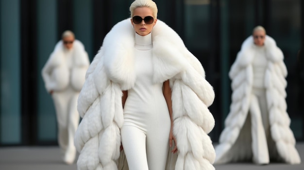 Jonge, mooie, stijlvolle vrouw loopt in een witte bontjas in een modeshow vrouw met een zonnebril
