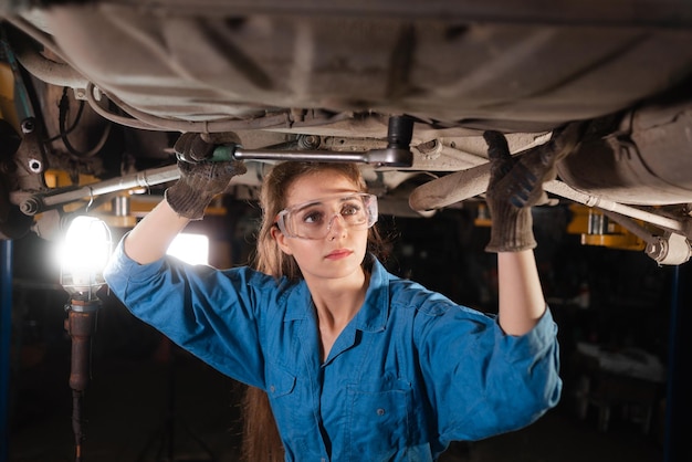 Jonge mooie vrouw automonteur is gekleed in een veiligheidsbril en een werkende overall draait een moer voor moersleutels