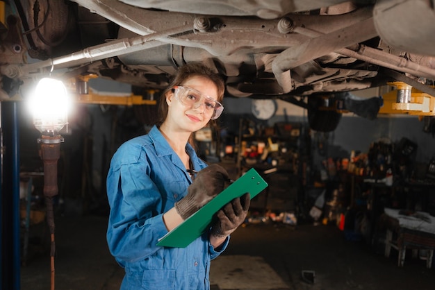 Jonge mooie vrouw automonteur maakt een inspectie van het chassis van de auto