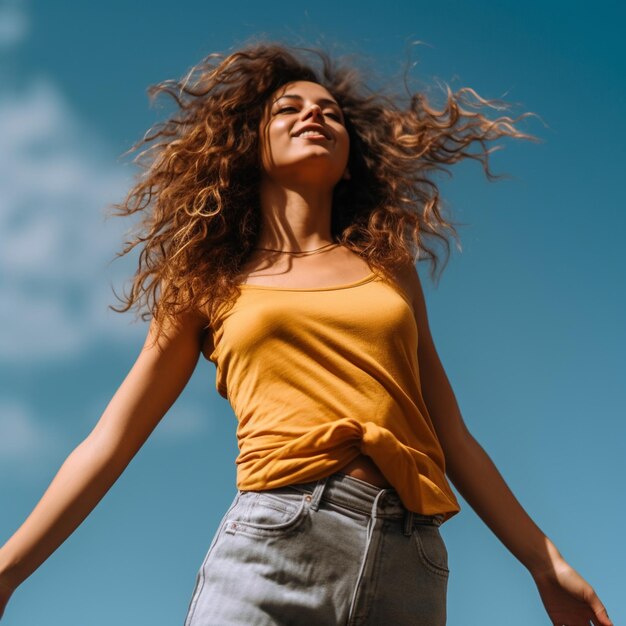 Jonge mooie vrouw die casual kleding draagt, verbaasd en glimlachend