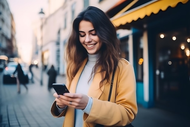 Jonge mooie vrouw die een smartphone gebruikt in een stad Glimlachend studentenmeisje dat sms't op een mobiele telefoon