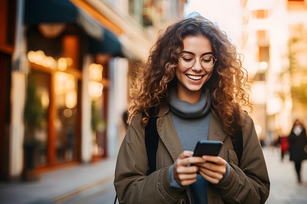 Jonge mooie vrouw die een smartphone gebruikt in een stad Glimlachend studentenmeisje dat sms't op een mobiele telefoon