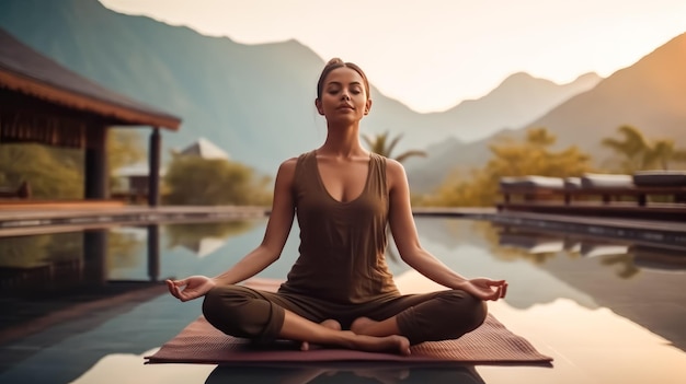 Jonge mooie vrouw die mediteert op de achtergrond van de berg Jonge vrouwelijke yoga in de natuur Generatieve Ai Technologie