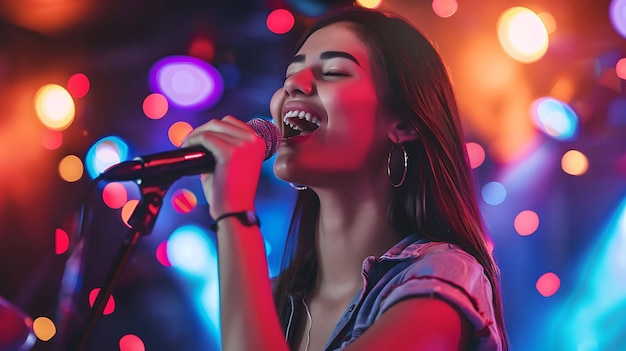 Jonge mooie vrouw die met een microfoon op het podium zingt met kleurrijke lichten op de achtergrond