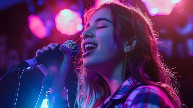 Jonge mooie vrouw die met een microfoon op het podium zingt met roze en blauwe neonlichten op de achtergrond