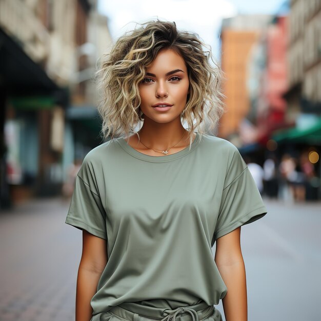 Foto jonge mooie vrouw die naar de camera kijkt trendy meisje in straat wit zwart groen paars t-shirt