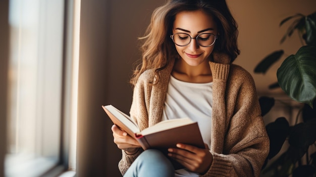 Jonge mooie vrouw die thuis een boek leest gecreëerd met generatieve AI-technologie