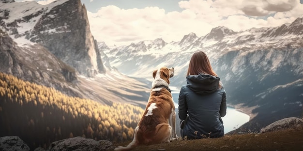 Jonge mooie vrouw geniet van het uitzicht met haar hond tijdens een wandeltocht in de bergen