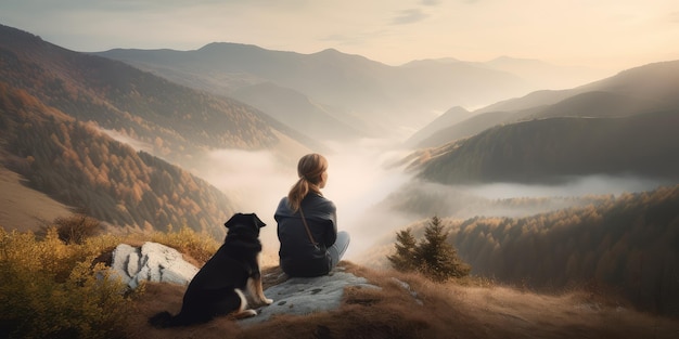 Jonge mooie vrouw geniet van het uitzicht met haar hond tijdens een wandeltocht in de bergen