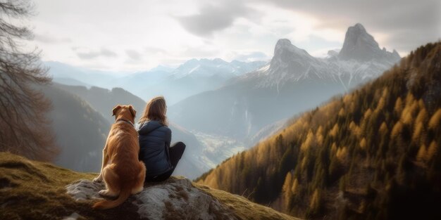 Jonge mooie vrouw geniet van het uitzicht met haar hond tijdens een wandeltocht in de bergen