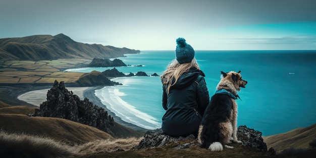 Jonge mooie vrouw geniet van het uitzicht met haar hond tijdens een wandeltocht op de klif van de oceaan