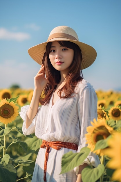 Jonge mooie vrouw in strohoed en wit zomershirt die zich voordeed op het zonnebloemenveld Generatieve AI