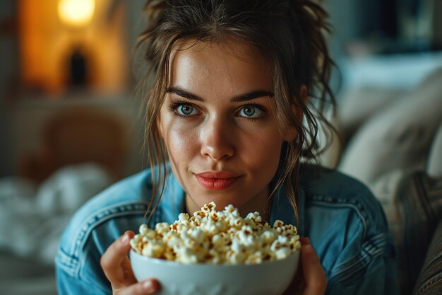 Jonge mooie vrouw kijkt enthousiast naar een film thuis met een kom smakelijke popcorn