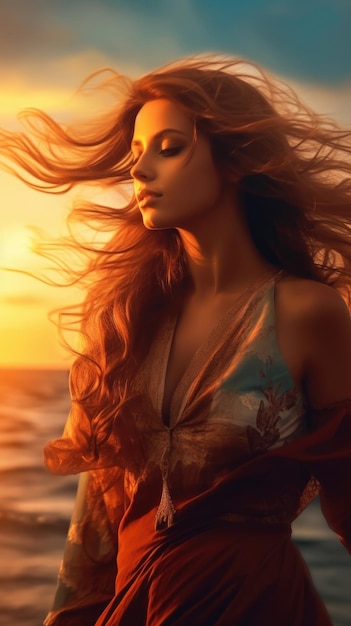 Jonge mooie vrouw kijkt naar de zee bij zonsondergang