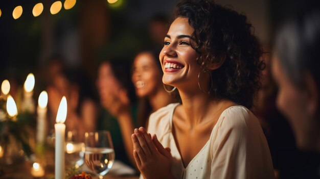 Jonge mooie vrouw klapt in haar handen op een restaurant evenement