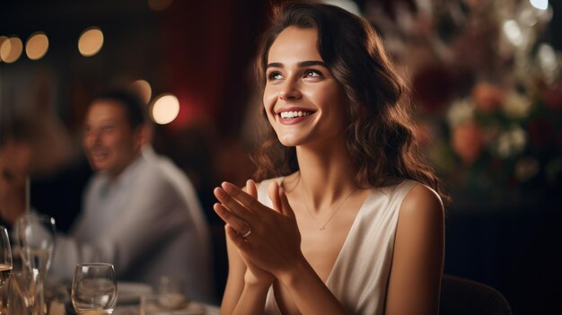 Jonge mooie vrouw klapt in haar handen tijdens een restaurantevenement