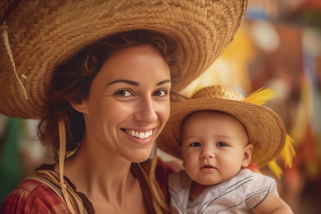 Jonge mooie vrouw met een babymeisje in wit lichaam en rode pompoenhoed bij de outd generatieve AI