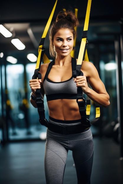 Jonge mooie vrouw met een fit lichaam die fitness doet in de sportschool.