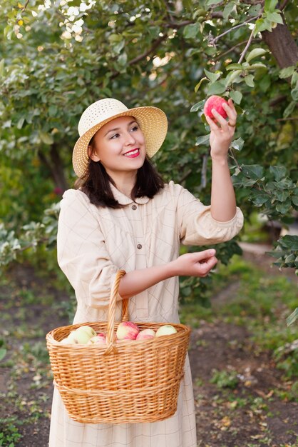 Jonge mooie vrouw met een grote mand met rode biologische appels.