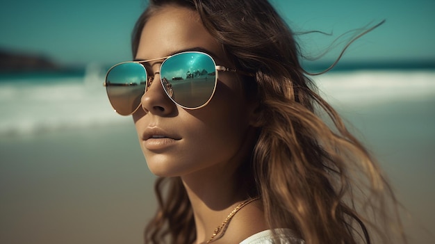 Jonge mooie vrouw met een stijlvolle zonnebril op het strand Generatieve AI