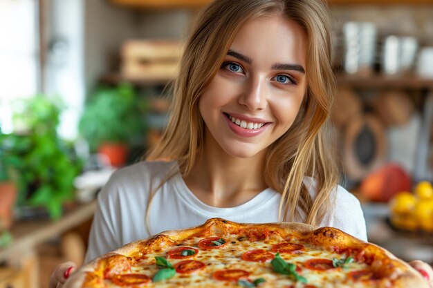Jonge mooie vrouw met pizza.