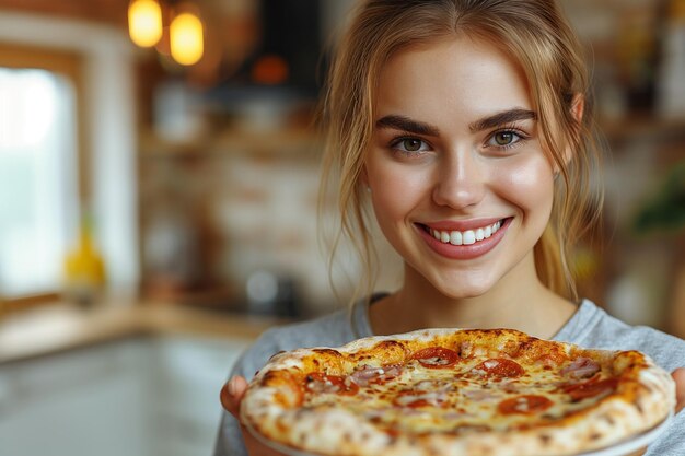 Jonge mooie vrouw met pizza.