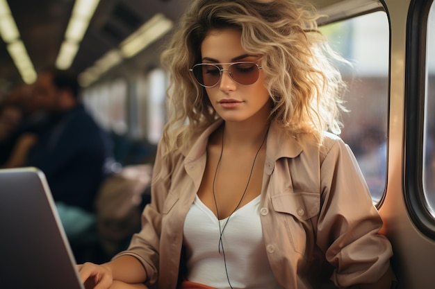 Jonge mooie vrouw met zonnebril gebruikt een laptop tijdens het reizen met de trein ia gegenereerd