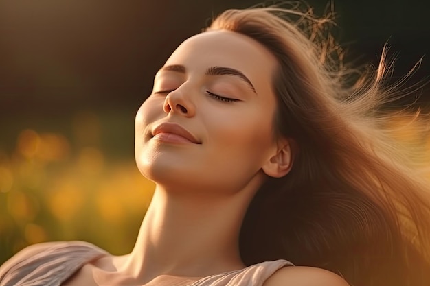 Foto jonge mooie vrouw ontspant en sluit haar ogen tijdens meditatie