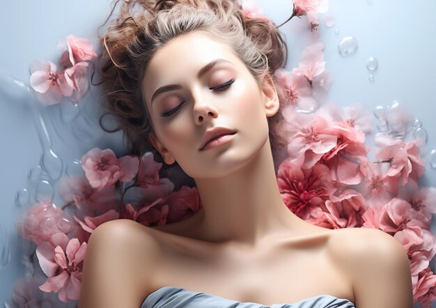 Jonge mooie vrouw ontspant zich in de spa met gesloten ogen en geniet van stilteAI Generative